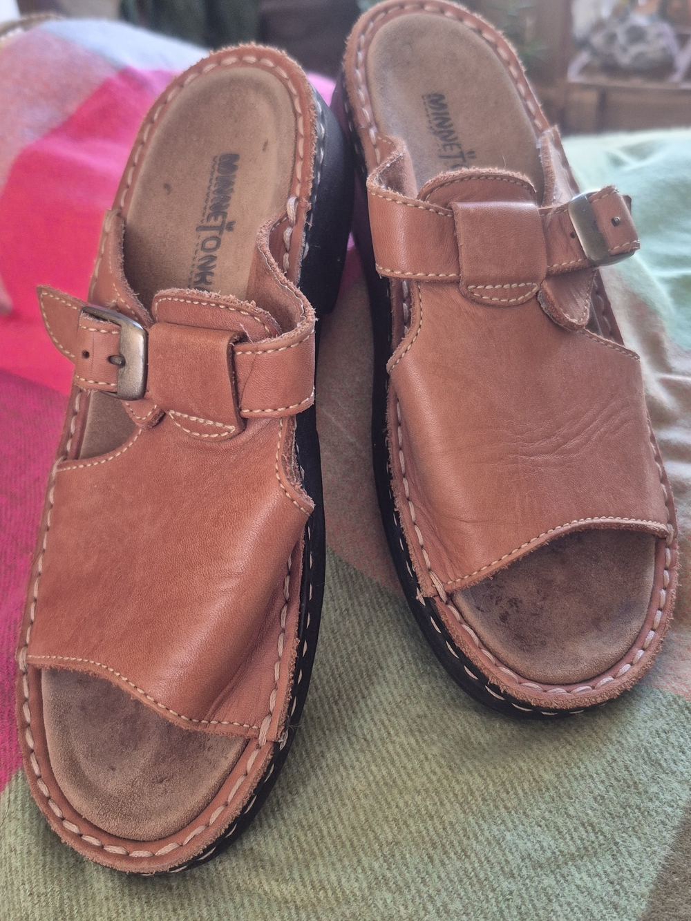 Minnetonka Brown Leather Buckle Slide Sandals